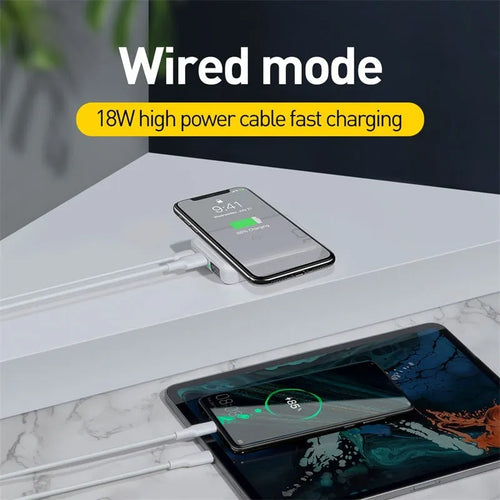 Small square wireless fast charge power bank with digital display showing battery percentage