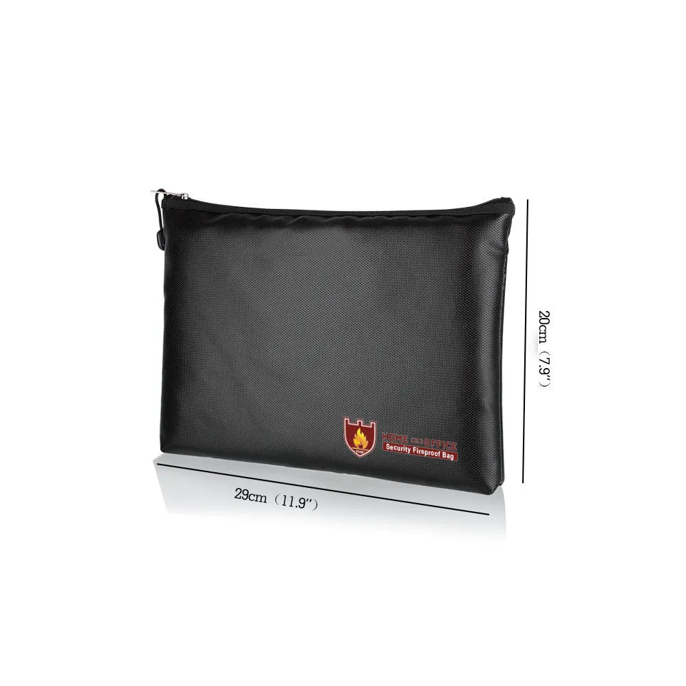 Black fire-proof contract document storage bag shown in small, medium, and large sizes.