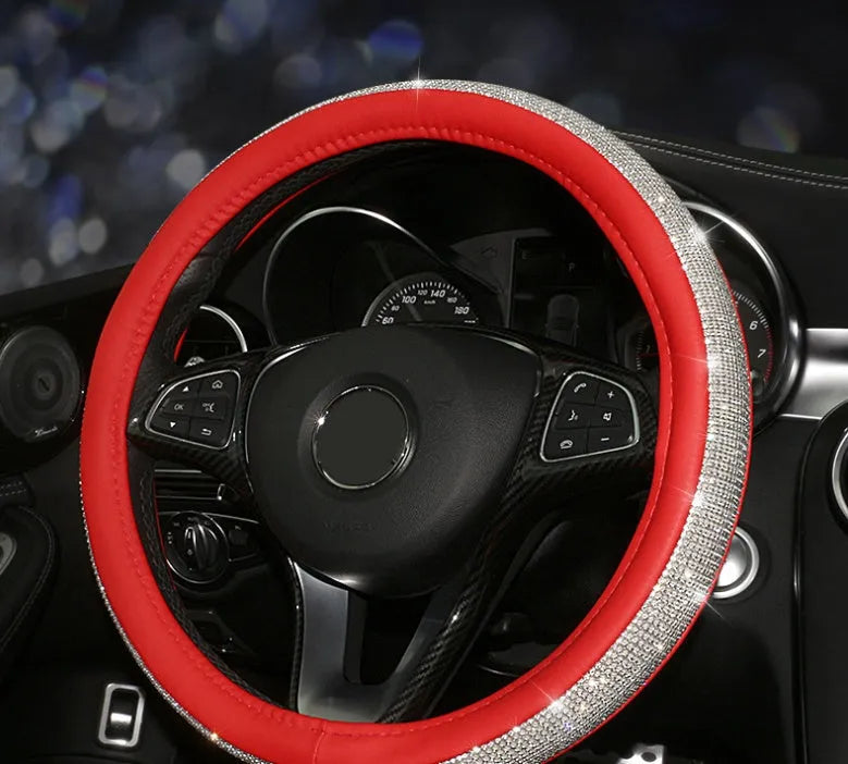 Rhinestone non-slip leather steering wheel cover for general motors 38cm diameter black with gold ring option