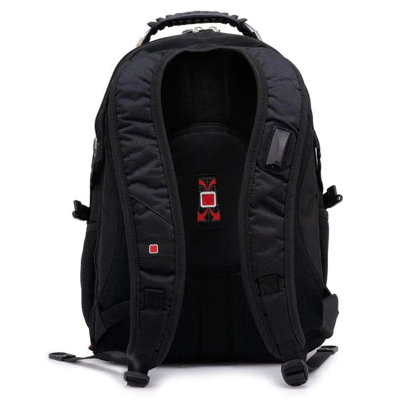 Black business backpack with multiple compartments open, showing padded laptop sleeve and organiser pockets.