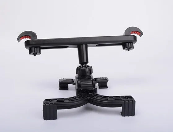 Black car tablet holder mounted on headrest with adjustable bracket for rear seat passengers