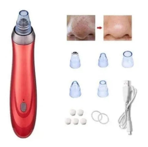 Black, gold, red, or white coloured electric blackhead removal tool with multiple nozzle tips