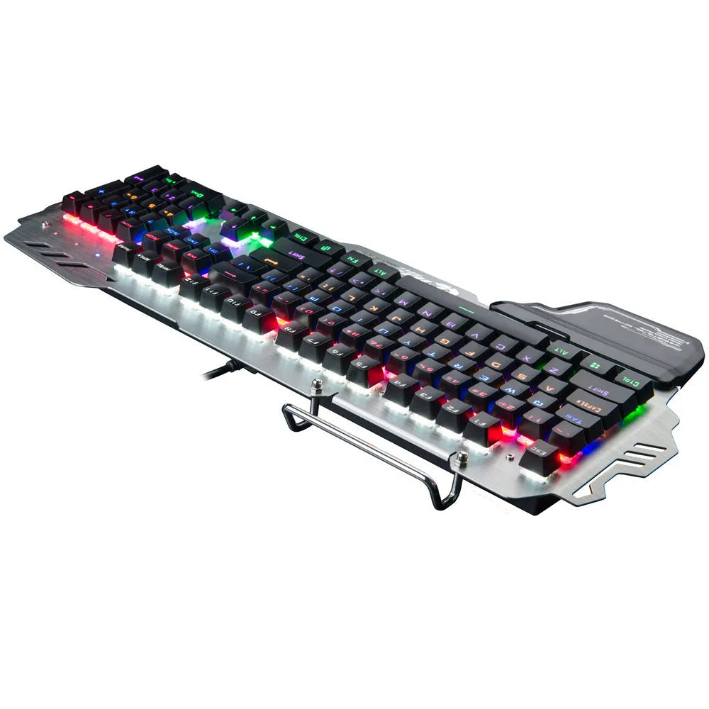 Silver metal gaming keyboard with wrist splint accessory on desktop