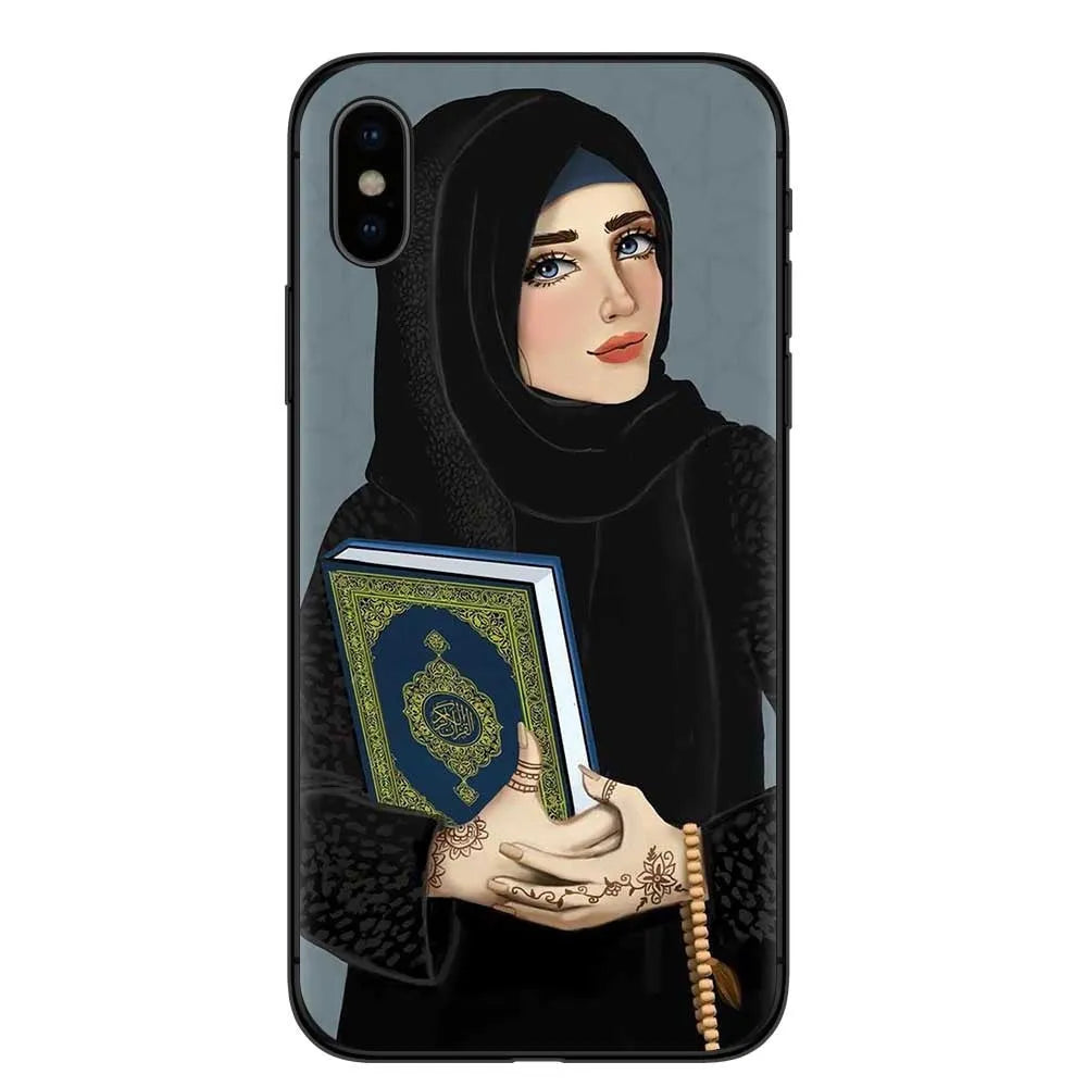 Islamic hijab veil design iPhone case with rhinestone and floral patterns on a flexible TPU back cover.