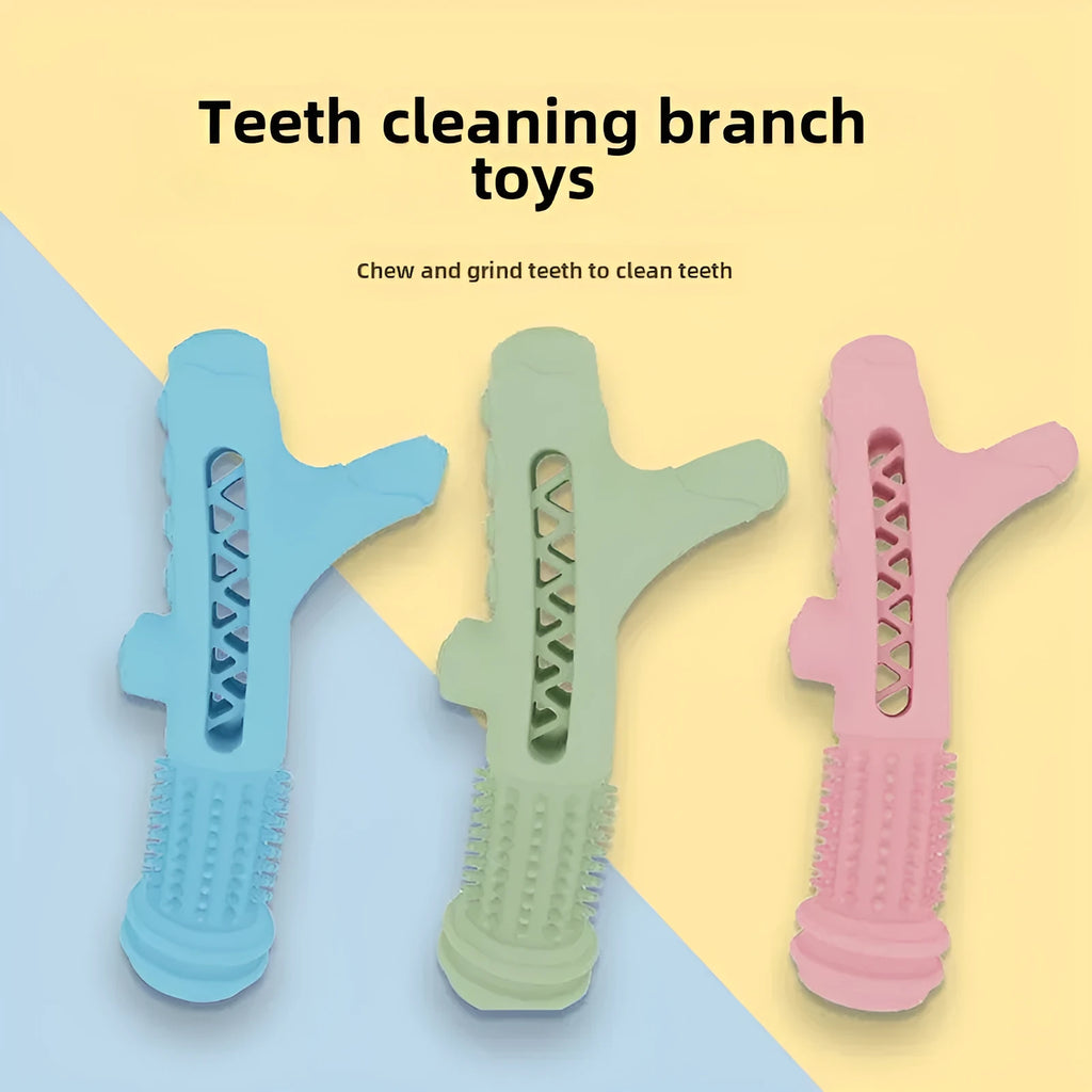 Blue TPR tree branch shaped dental chew toy for small dogs on a white background.