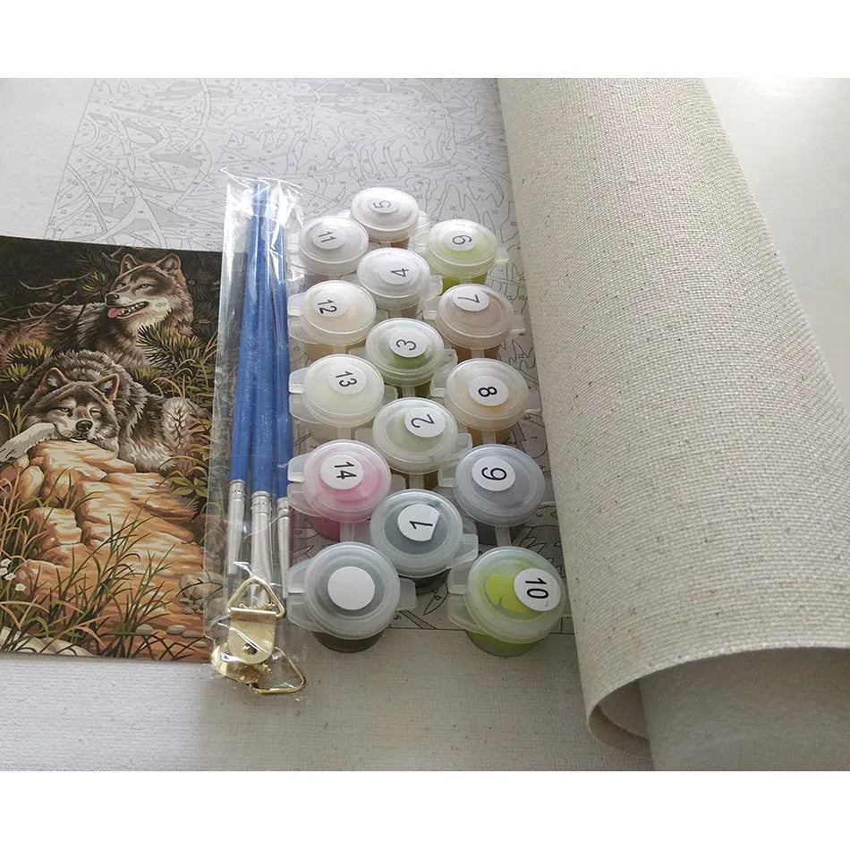 Digital landscape paint by numbers kit showing 40x50cm numbered canvas, acrylic paints, and optional wooden stretcher frame.