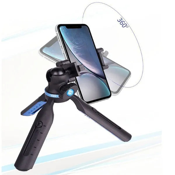 Black plastic and aluminium desktop tripod holding a mobile phone for video calls.