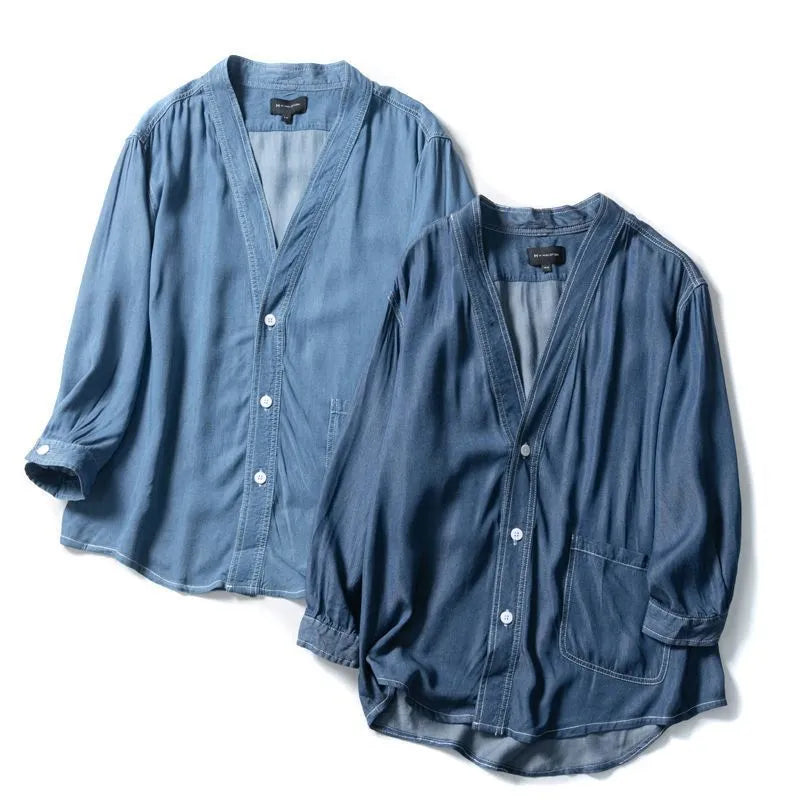 Men's dark blue casual denim coat with three-quarter sleeves and V-neck
