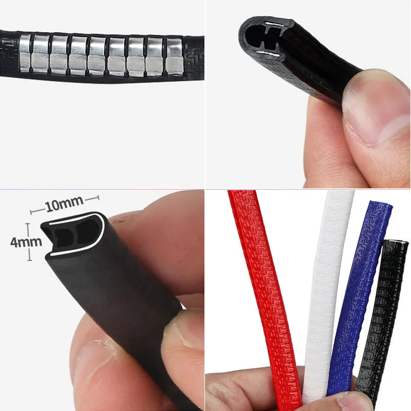 Universal car door edge anti-collision strip with built-in steel disc, PVC and metal construction, available in multiple colours and sizes on a car door.