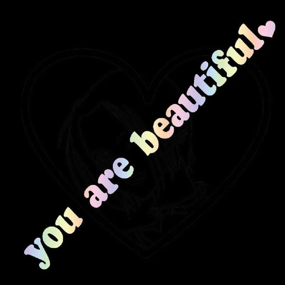 You Are Beautiful sport PVC vinyl stickers in nine colours showing laser and gold finishes with dimensions