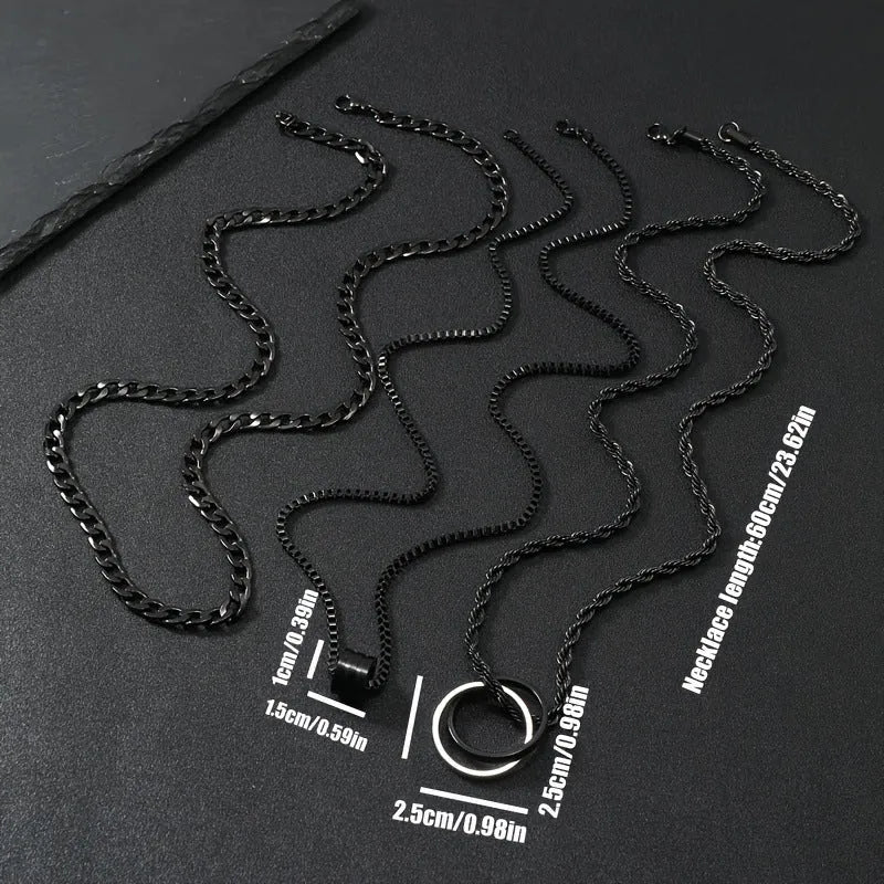 Black three-piece men's hip hop necklace set with cylindrical titanium steel ring pendant