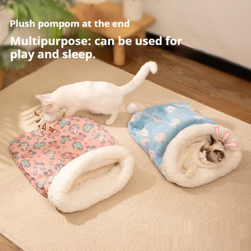 Soft pink Trojan patterned cat sleeping bag bed measuring 50cm by 40cm