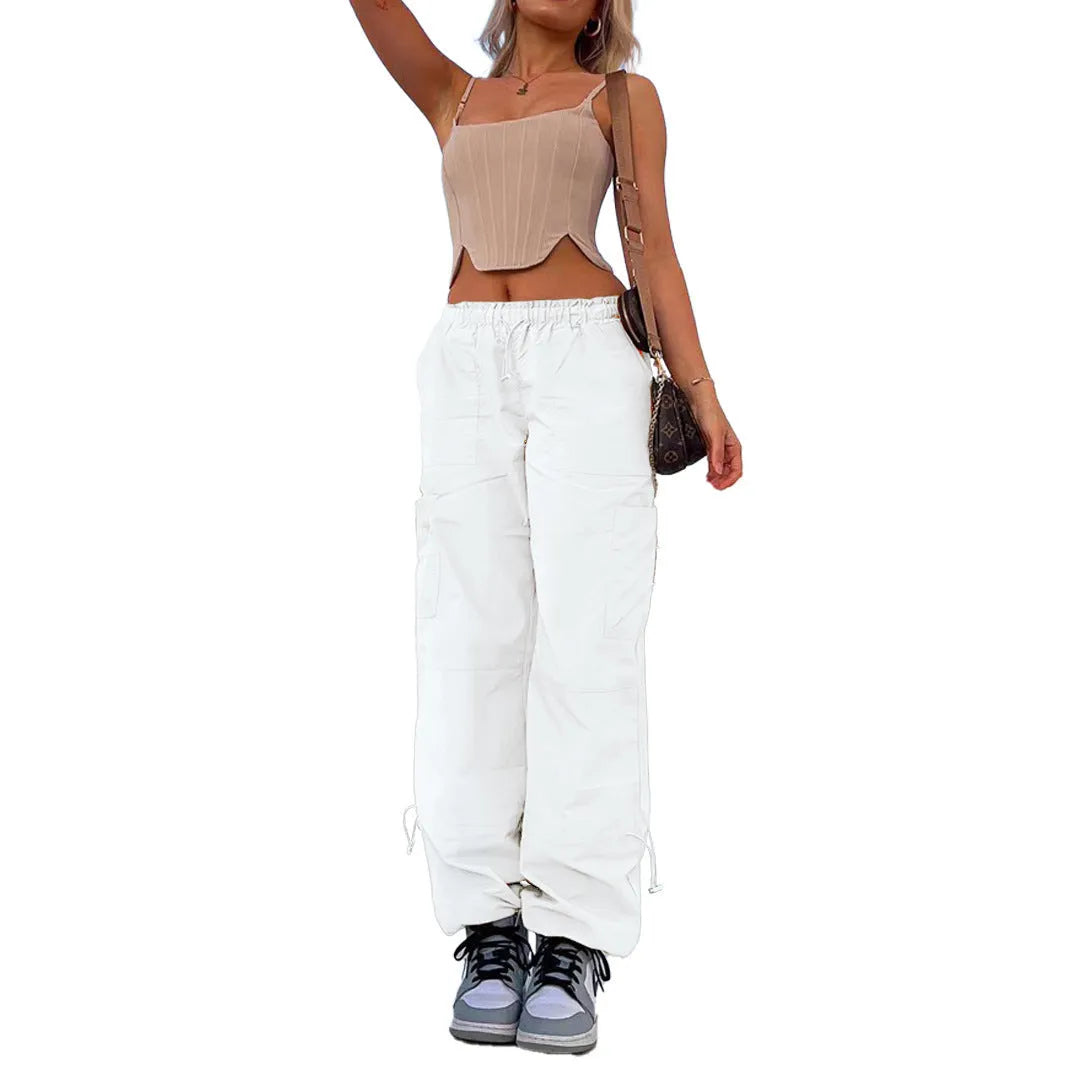 Multi-pocket straight-leg cargo casual pants in a light blue colour on a neutral background.