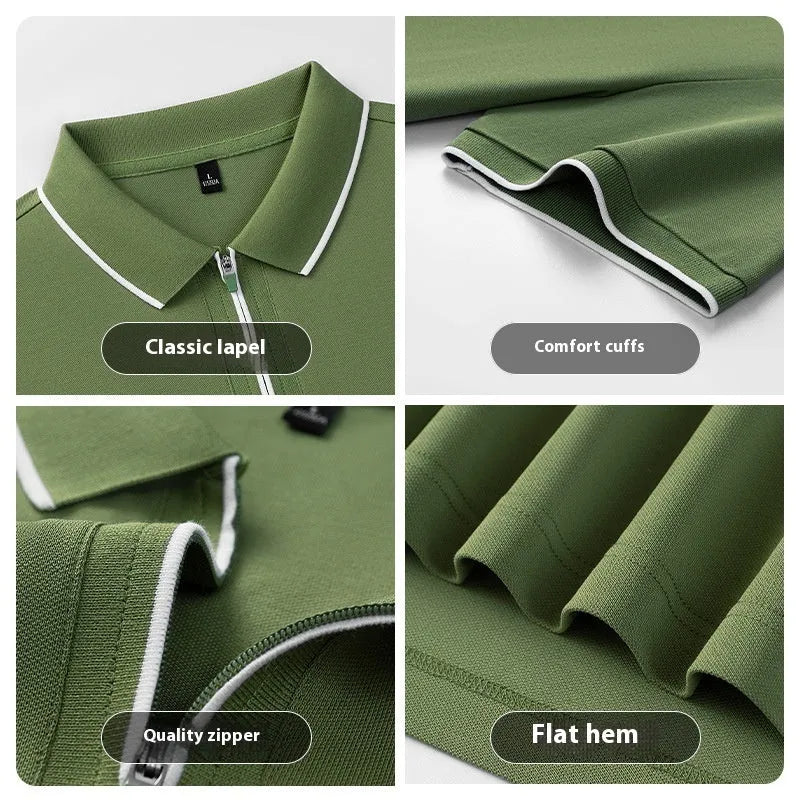 Men's solid colour polo shirt with a zipper front closure, shown in beige apricot.