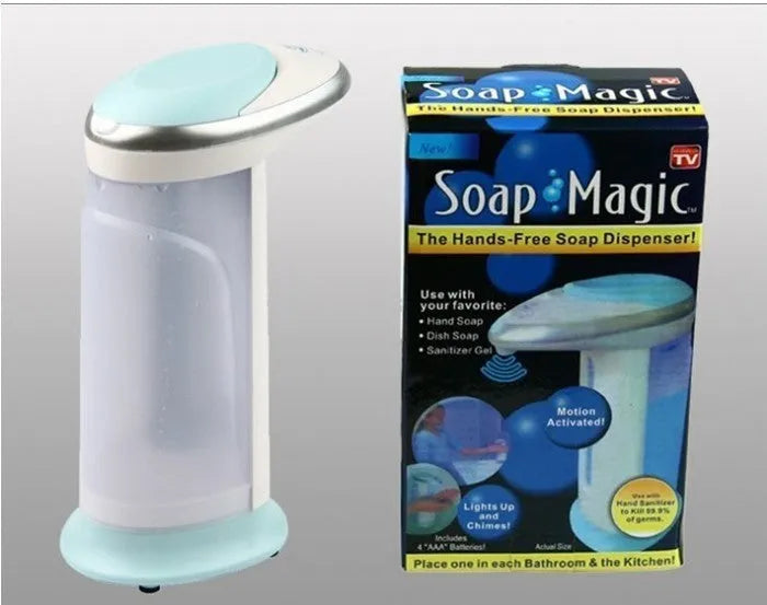 Black automatic touchless soap dispenser with infrared sensor, 400ml capacity, on a bathroom countertop