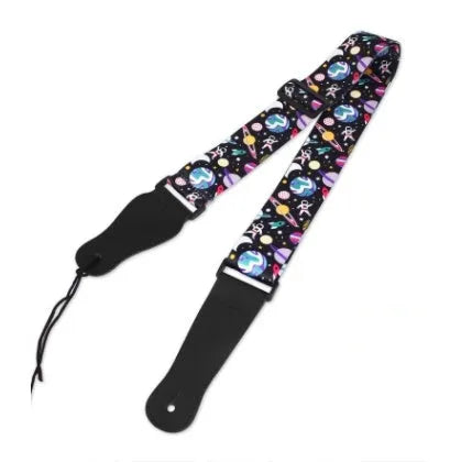 Printed cloth guitar shoulder strap showing eight design options including national flag and lightning patterns