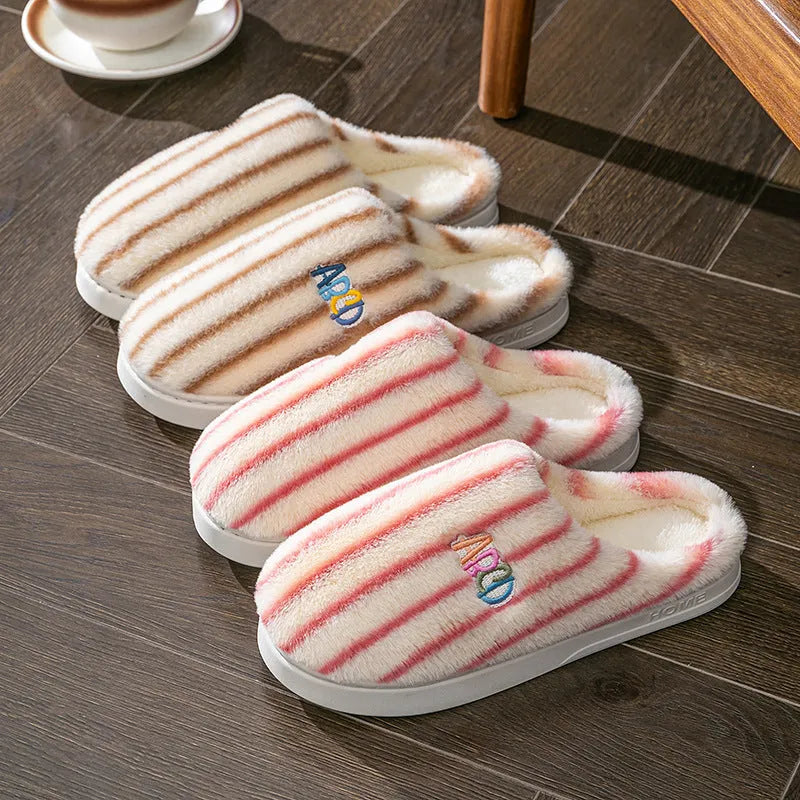 Cotton cloth vertical plush slippers in pink, green, purple, gray, coffee for men and women