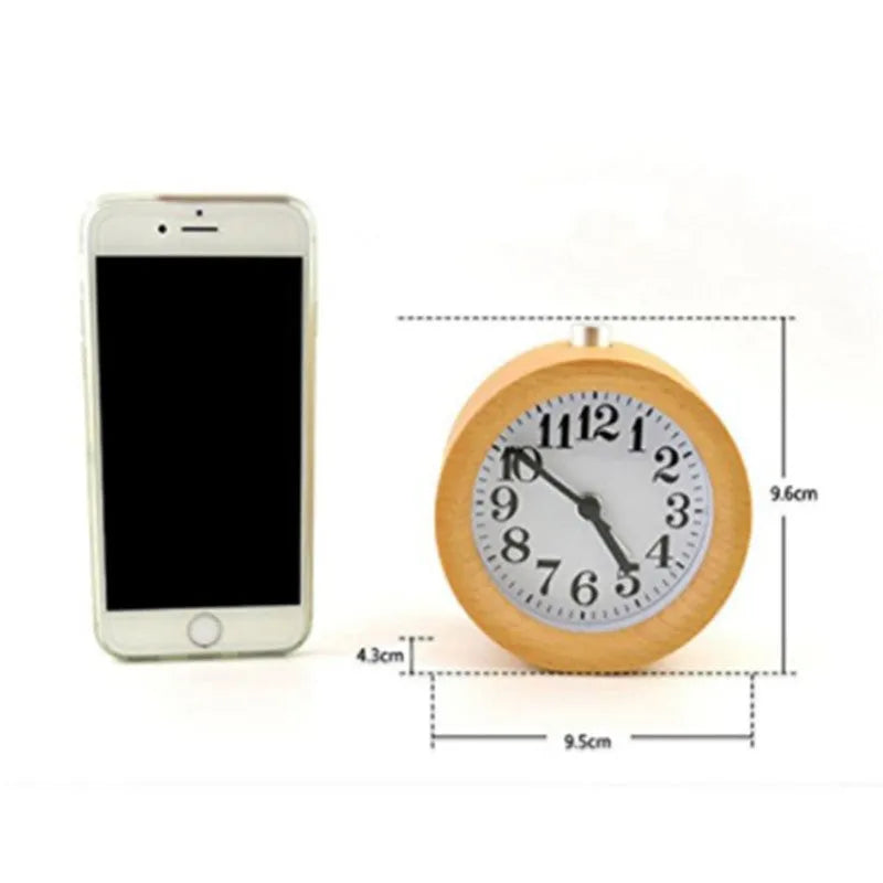 Solid beech wood silent alarm clock measuring 9.5cm with wood finish and clear dial