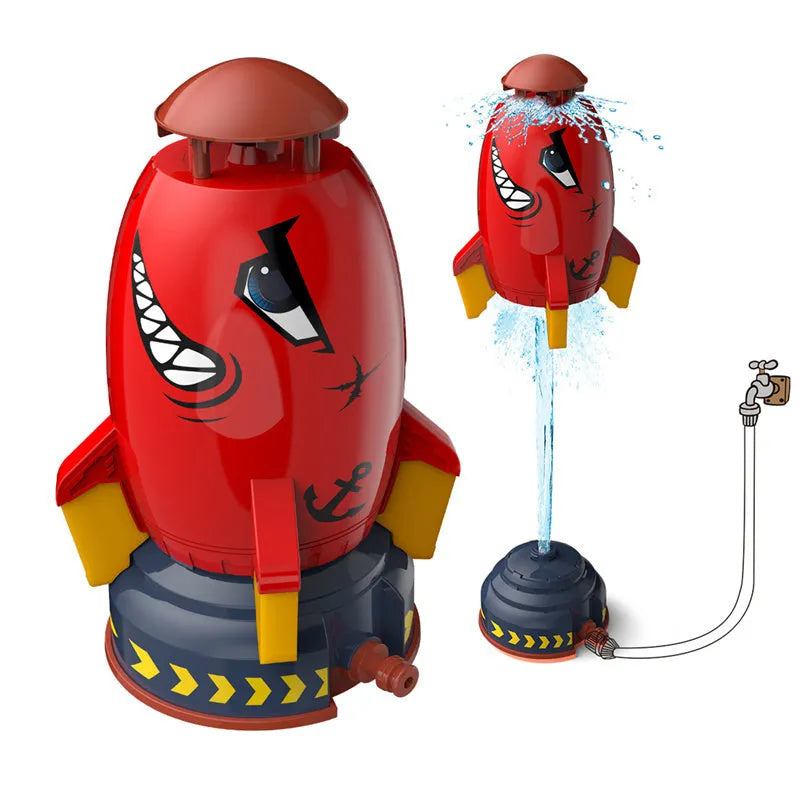 Water pressure powered rocket launcher toy with rotating sprinkler for outdoor garden use