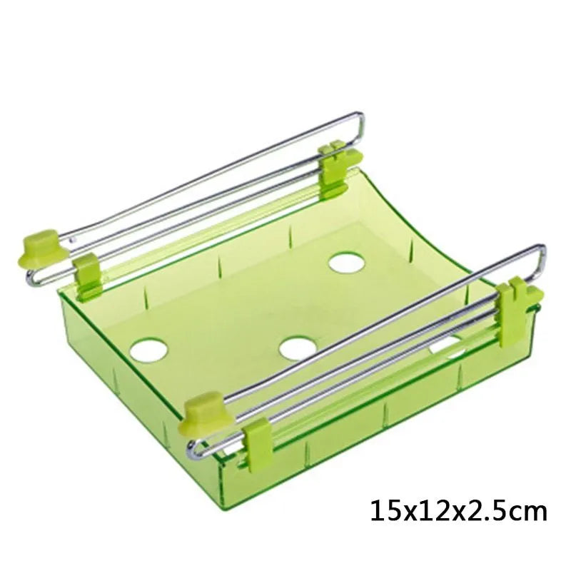 Hanging plastic refrigerator storage rack with drawer compartments and clapboard design for kitchen organisation