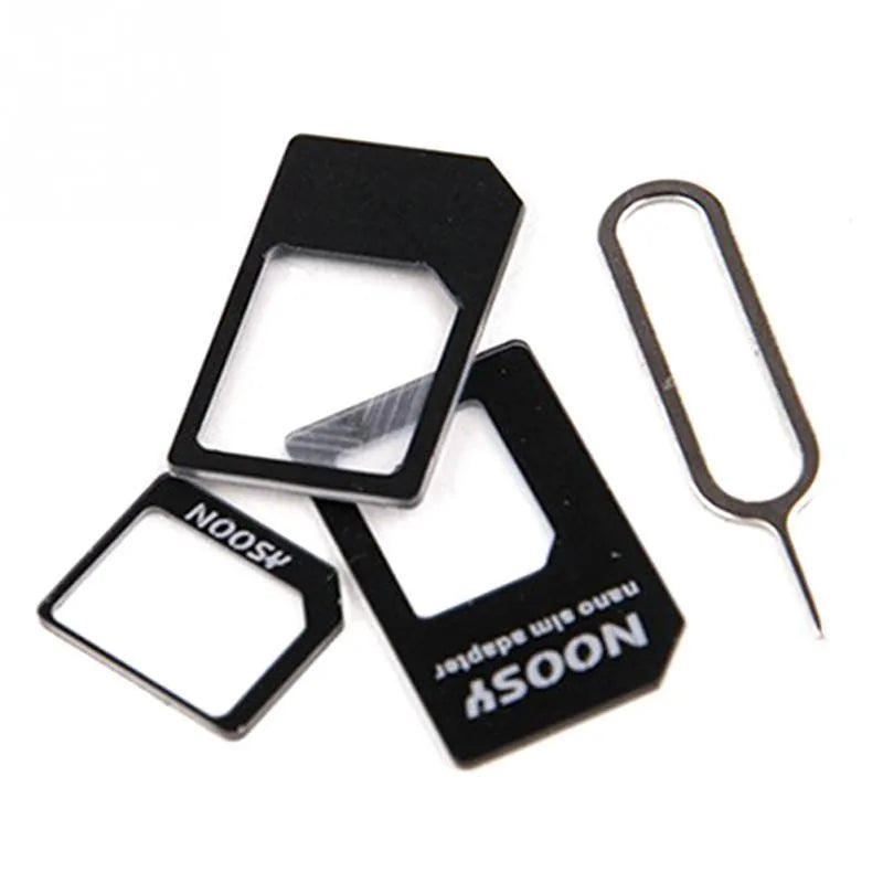 Three-piece SIM card cutter kit showing cutter tool, SIM tray removal tool, and SIM adapter