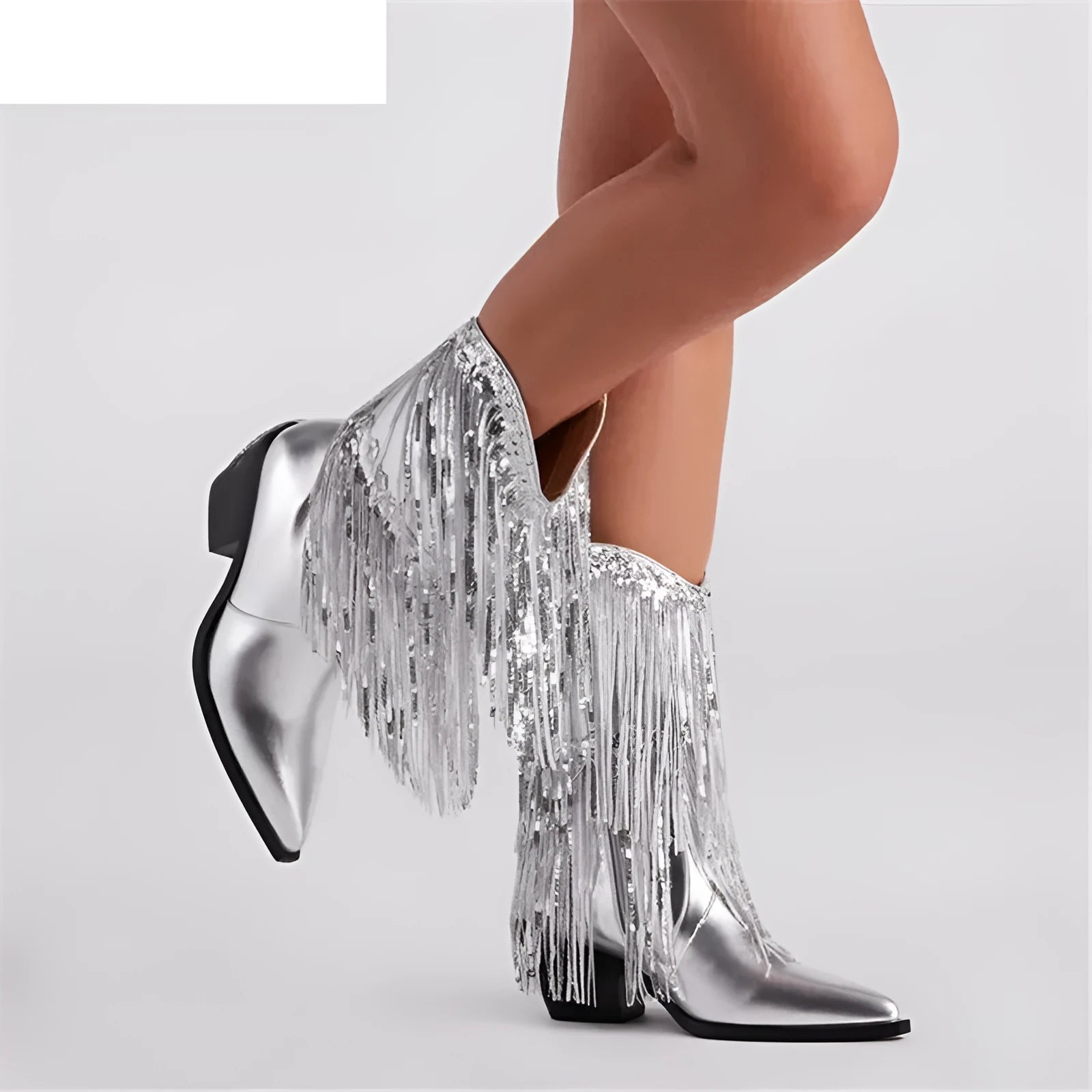 Women's black chunky heel ankle boots with tassel detail and super high stiletto heels.