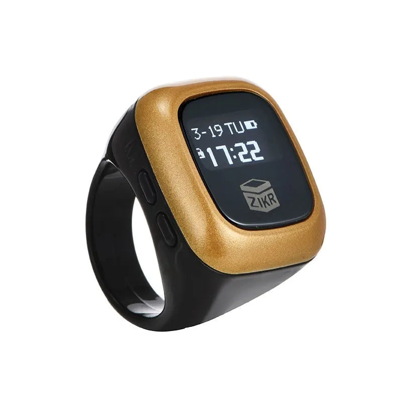 Al-Fatiha electronic zikr counter with digital display on a wrist, shown in various colours.