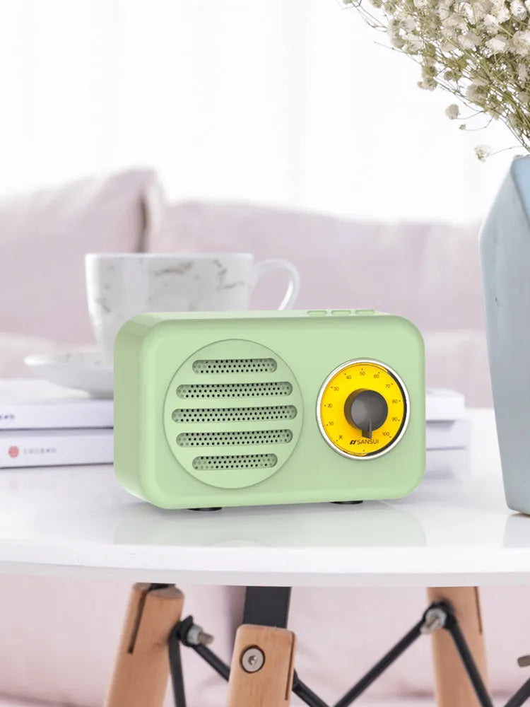 Portable Bluetooth speaker with FM radio in vintage green, pink or wood colour finish