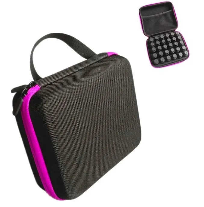 Red EVA cube-shaped bag with 30 compartments for 15ml essential oil bottles, shown with zipper open.