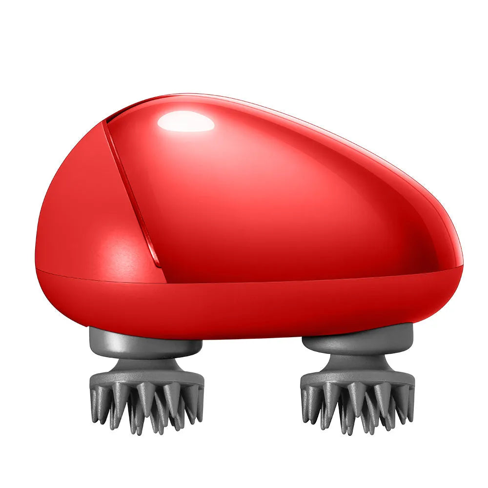 Red electric scalp massager with 2m power cord showing 110mm x 120mm x 82mm dimensions