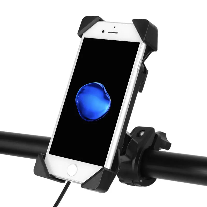 Black motorcycle phone holder with adjustable clamp and USB charging port mounted on handlebars