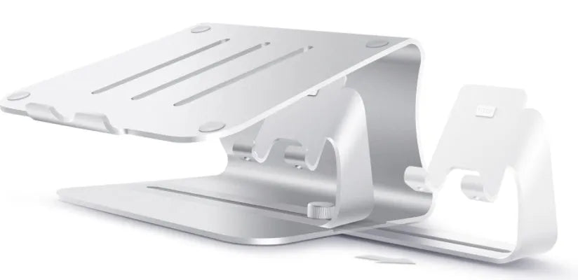 Desktop lazy bracket in gray and silver on a desk, measuring 26x24.3x19cm.