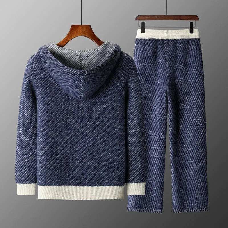 Men's hooded wool cardigan set with long sleeves and matching pants in black, blue, and camel