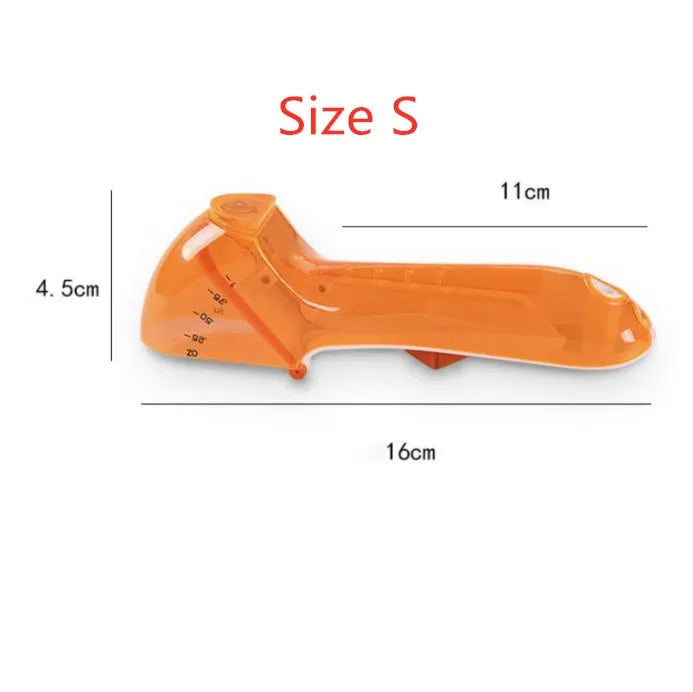 Two magnetically nested digital measuring spoons in blue and orange on a kitchen surface
