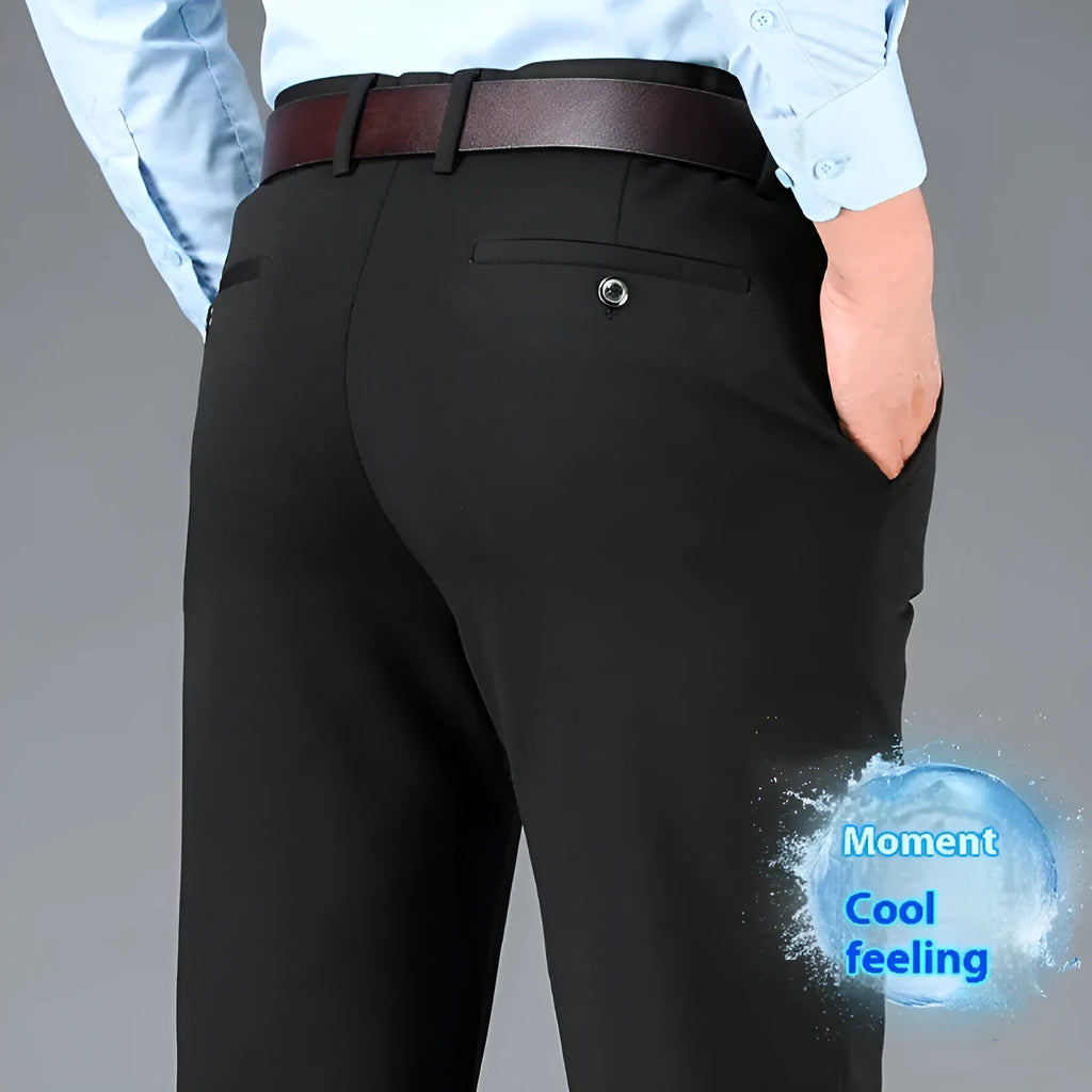 Men's plus-sized straight-leg trousers in navy blue with an elasticated waistband, shown with a zip fly and business casual styling.