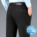 Men's plus-sized straight-leg trousers in navy blue with an elasticated waistband, shown with a zip fly and business casual styling.