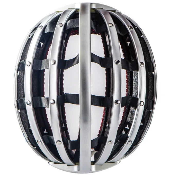 Foldio foldable bike helmet in black, folded view, multi-impact EPP liner and ABS shell, 56-62cm size