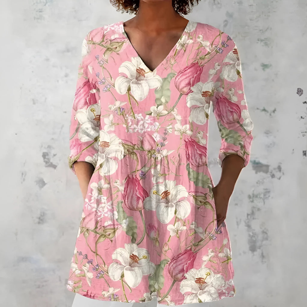 Women's retro slim fit printed long-sleeved top in a colour style variant.