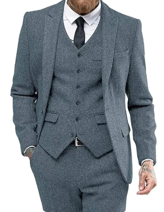 Men's three-piece viscose blend suit set with flat collar, two-button closure, black colour, front view