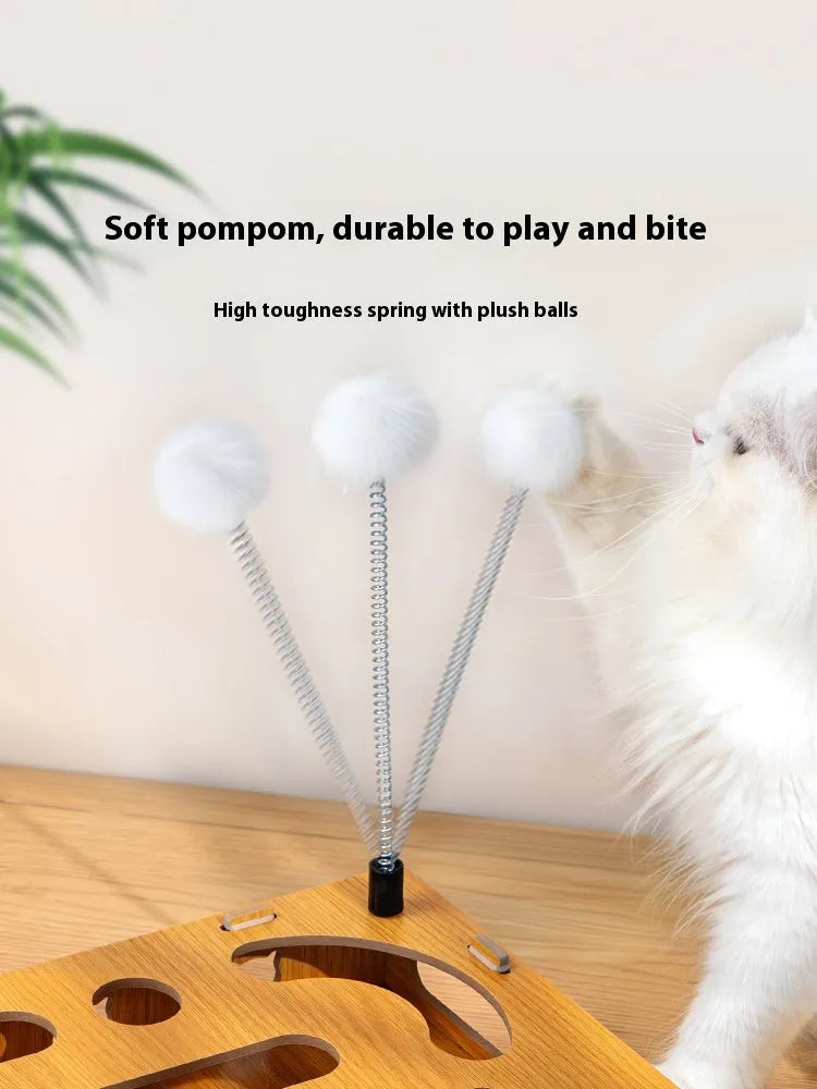 Large wooden cat teasing maze box with teasing stick and two bell balls for interactive play