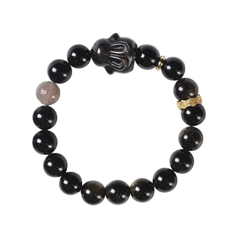 Handmade obsidian bracelet with lying rabbit charm in Jin Yaoshi and grey agate beads