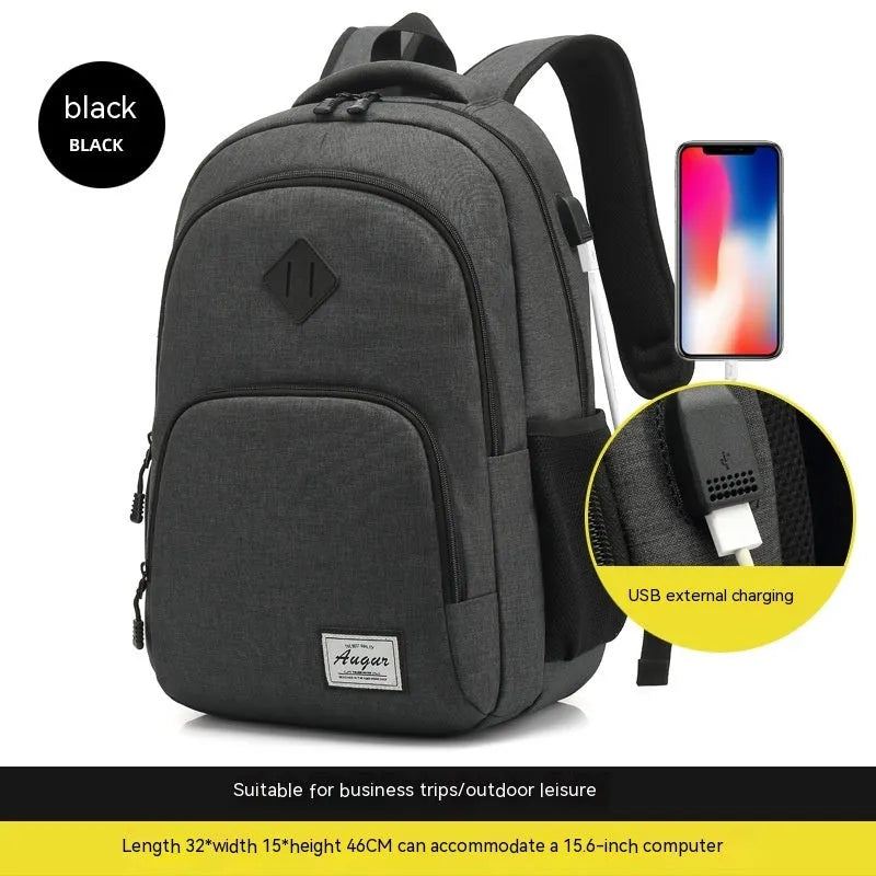Grey lightweight travel backpack with USB charging port and trolley case sleeve
