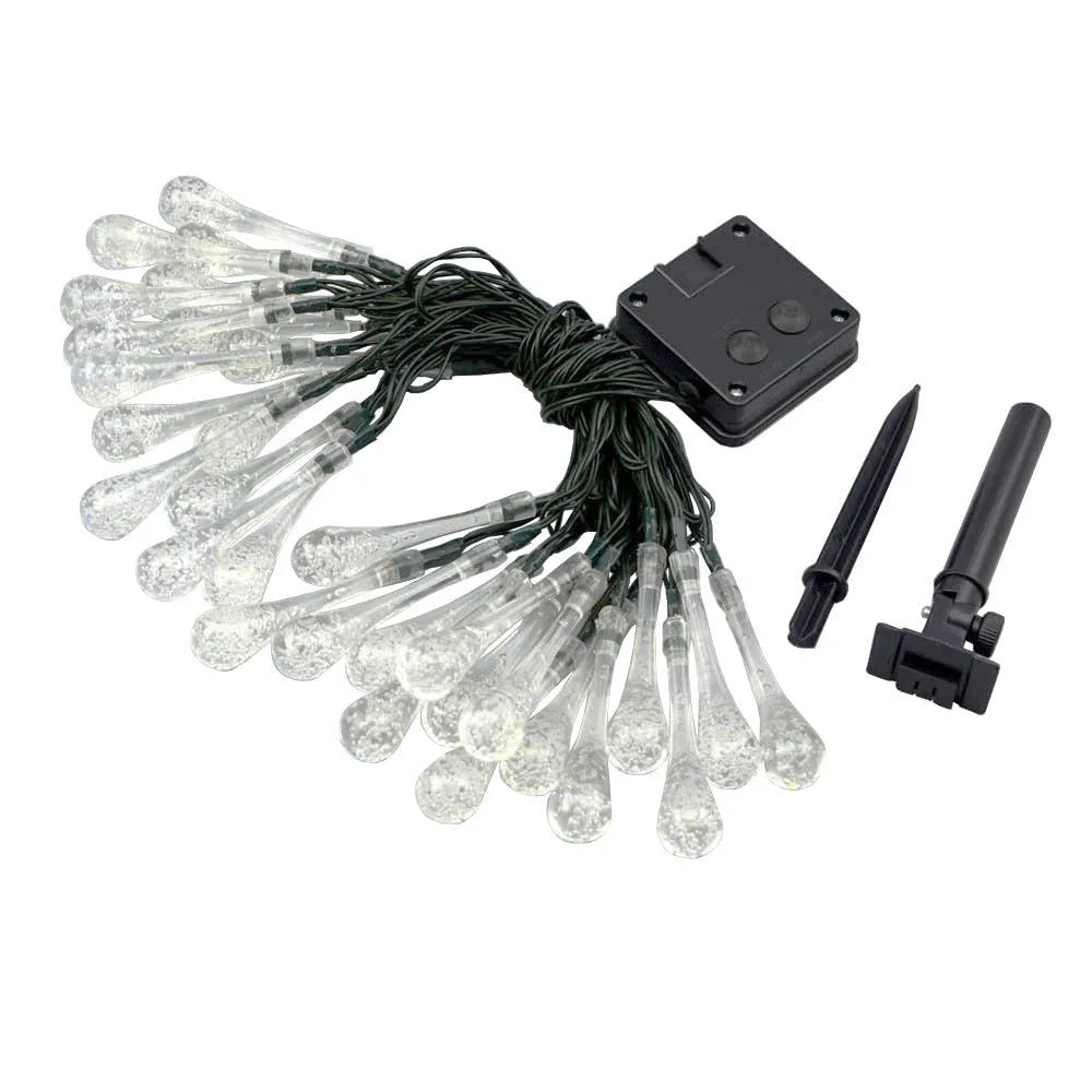 Solar-powered LED outdoor string lights with water drop-shaped pendants on a 6.5m cable