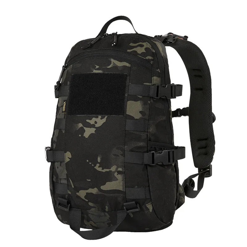 Camouflage nylon 20L backpack with curved shoulder straps and YKK zipper for outdoor commute and leisure