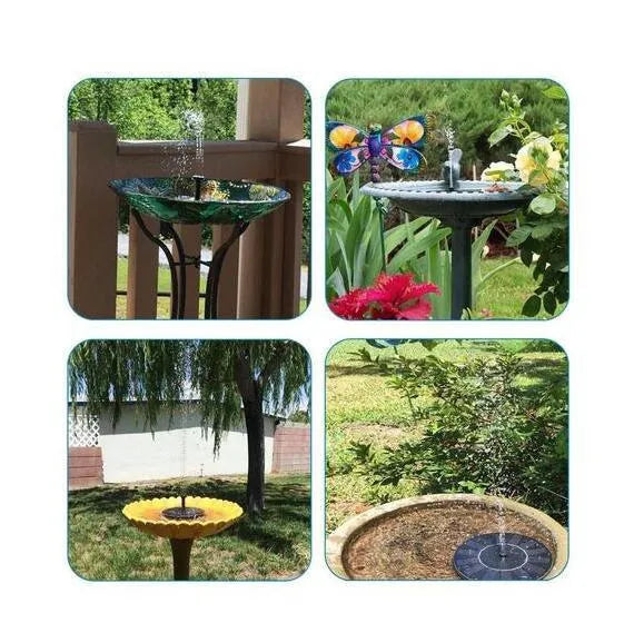 Black solar garden fountain pump with panel and four spray nozzles on grass