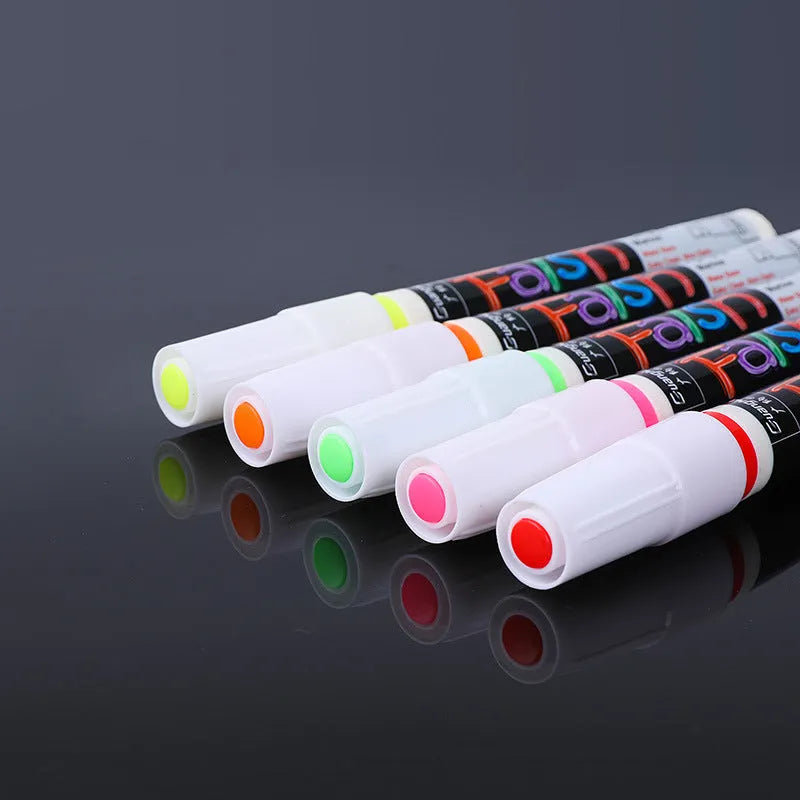 Set of 8 colourful fluorescent board pens with 6mm chisel tip on white background