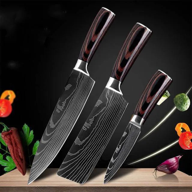 7Cr17 stainless steel kitchen knife with laser Damascus pattern blade and coloured wood handle