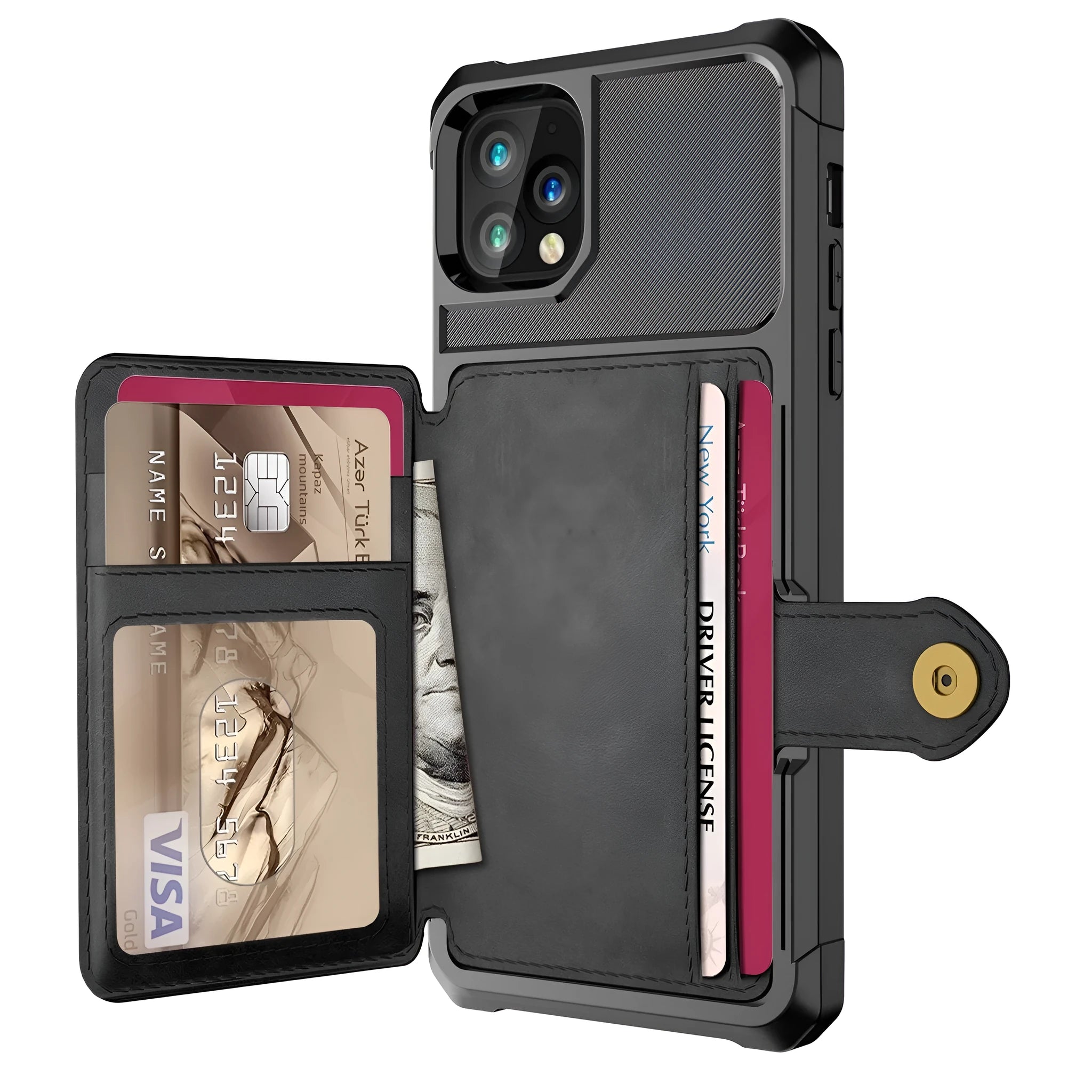 Imitation leather iPhone case with card wallet compartment in black blue green pink red colours