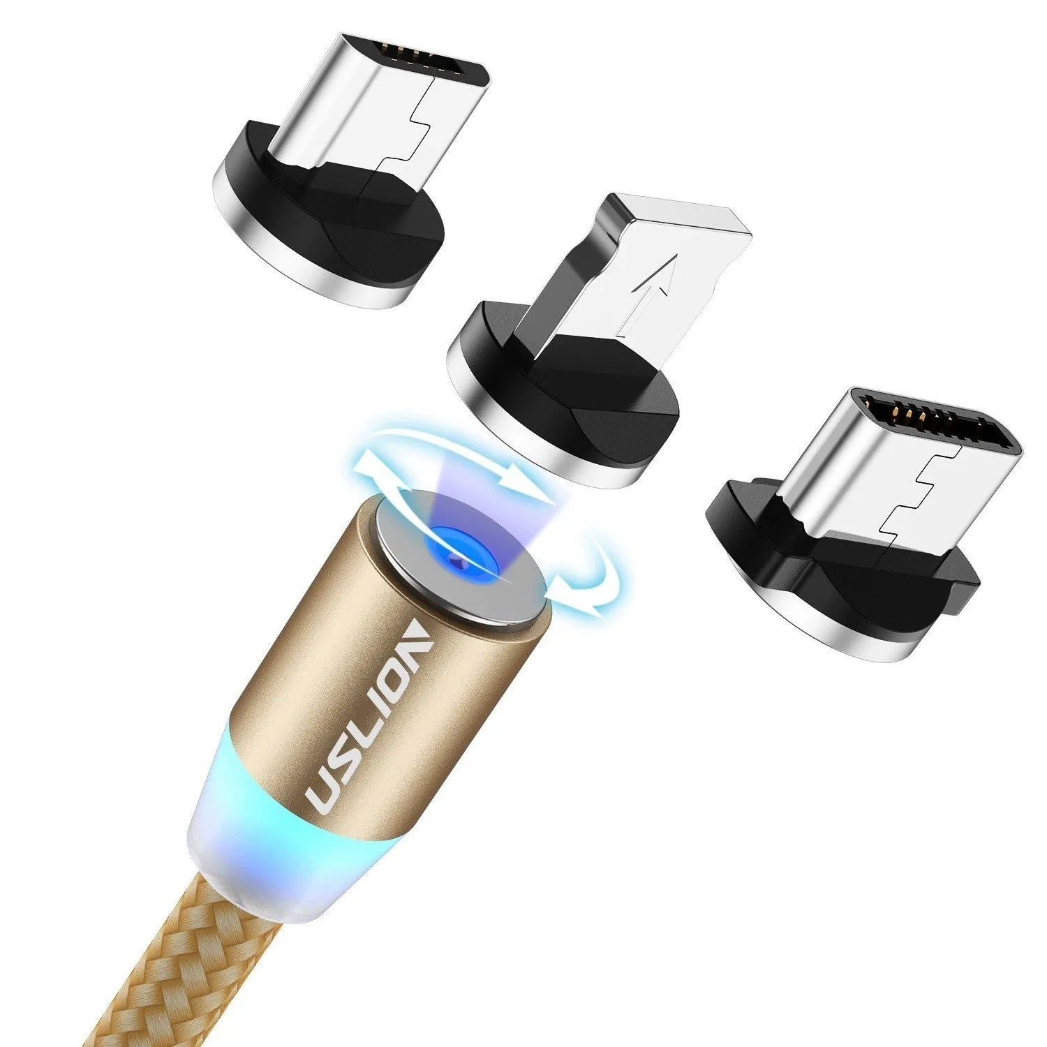 USLION circular magnetic charging cable in black, showing magnetic connector and plug for Android, iOS, or Type-C device.
