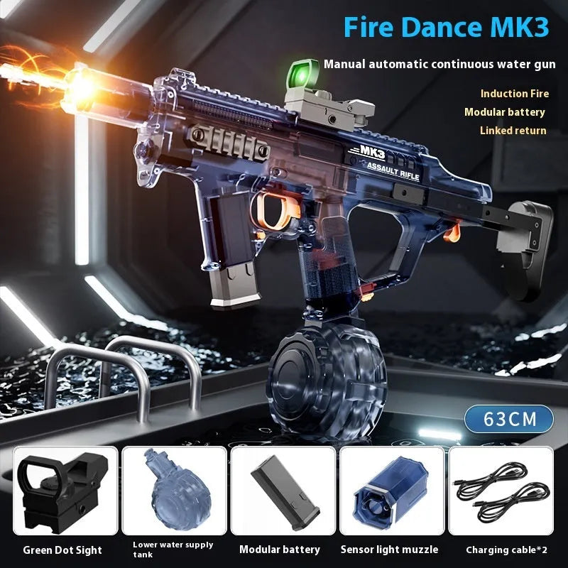 MK3 Fire and Dancing Water Gun toy in transparent black with large ammunition drum and strobe light